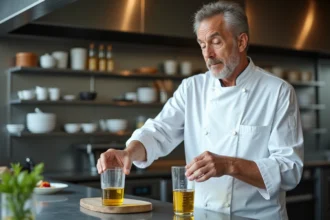 Chef en cuisine mesurant de l huile d olive dans un verre