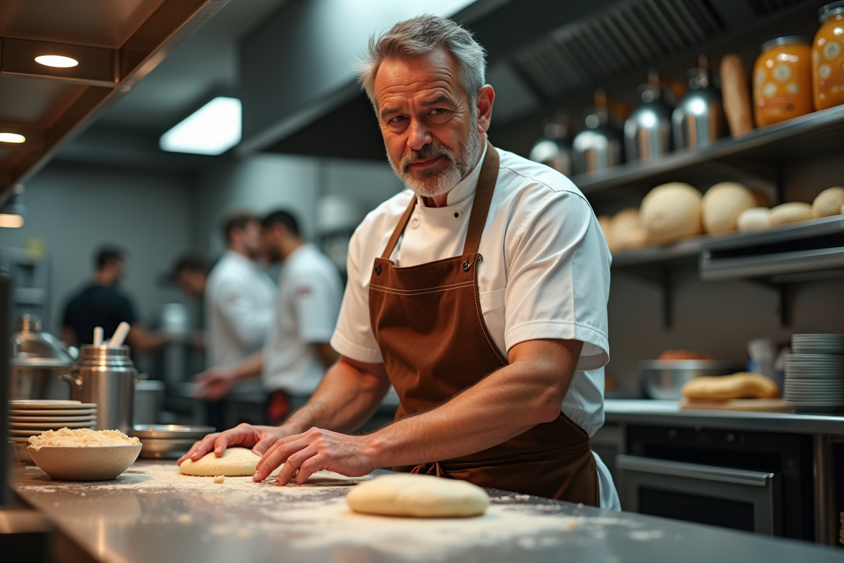 Chef professionnel en tablier en cuir préparant la pâte