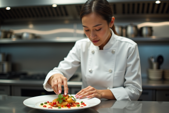 Femme chef en train de dresser un plat gourmet en cuisine