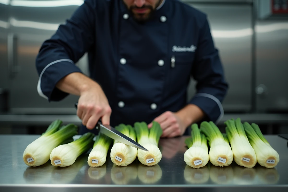 Chef professionnel triant et préparant des endives par taille dans une cuisine professionnelle