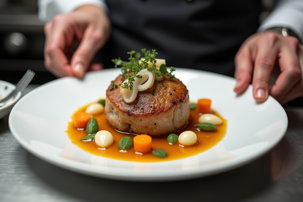 Cuisinier dressant un civet de lapin gourmet