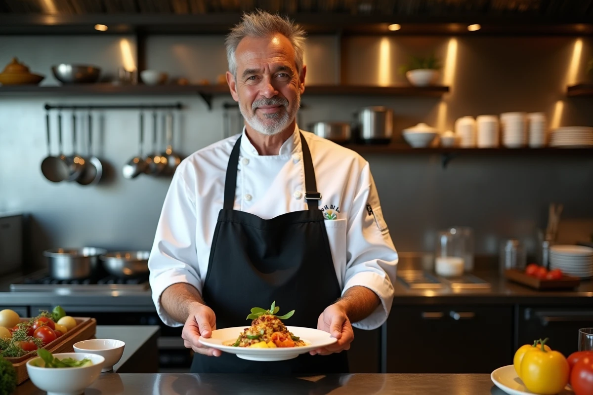 Chef professionnel présentant un plat italien dans la cuisine