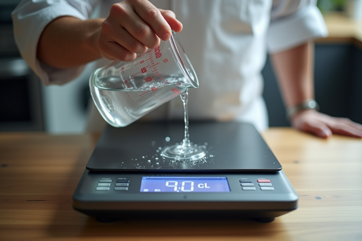 Chef versant de l'eau sur une balance numérique