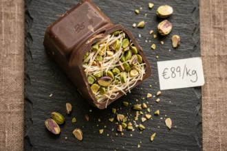 Chocolat Dubaï coupé en deux révélant sa garniture pistache et kadaïf avec une étiquette de prix au kilo