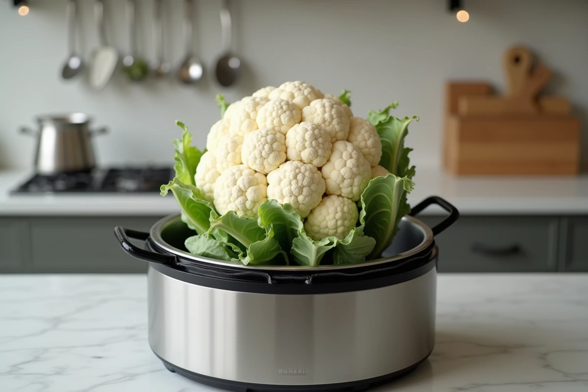 Chou-fleur frais entier déposé dans le bol d'un robot cuiseur sur un plan de travail de cuisine moderne