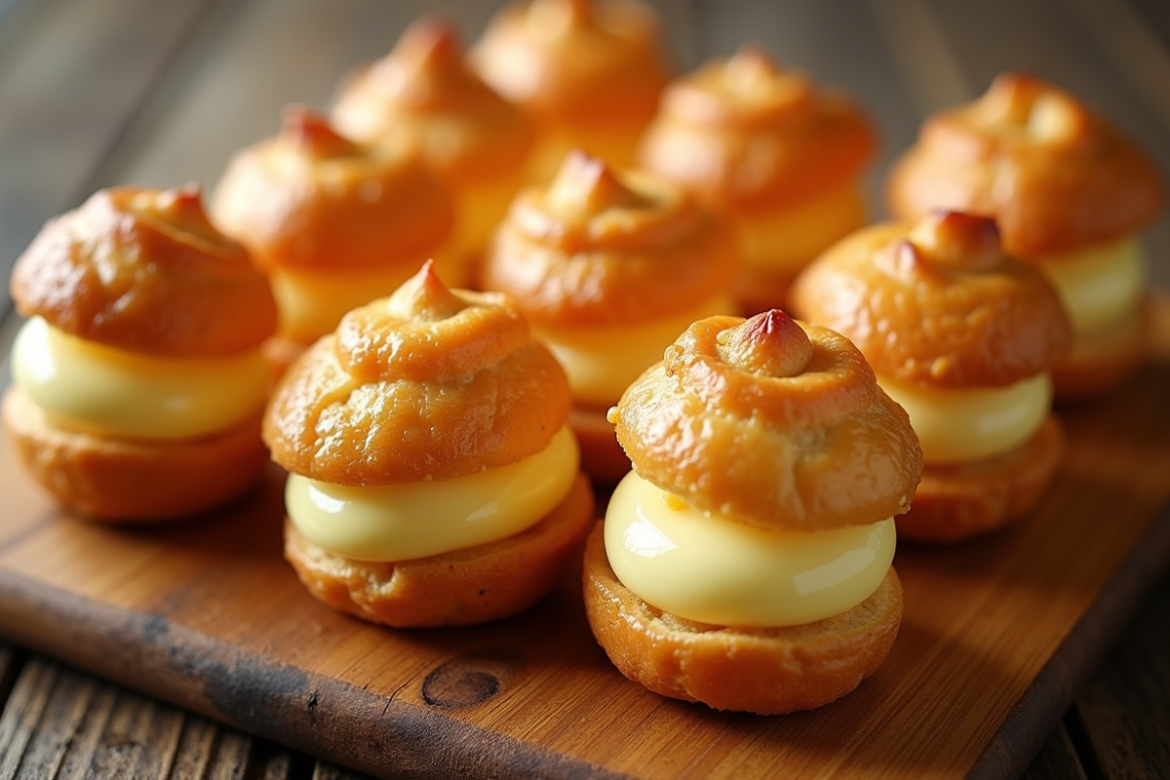 Choux garnis de creme vanille sur planche en bois