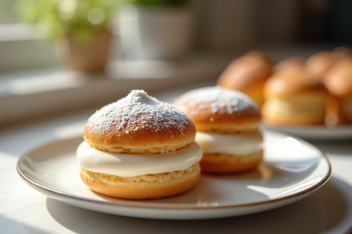 Choux decorés avec sucre glace et creme qui coule