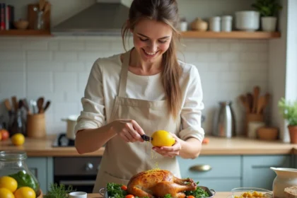 Jeune femme zestant un citron sur un plat chaud de poulet et légumes