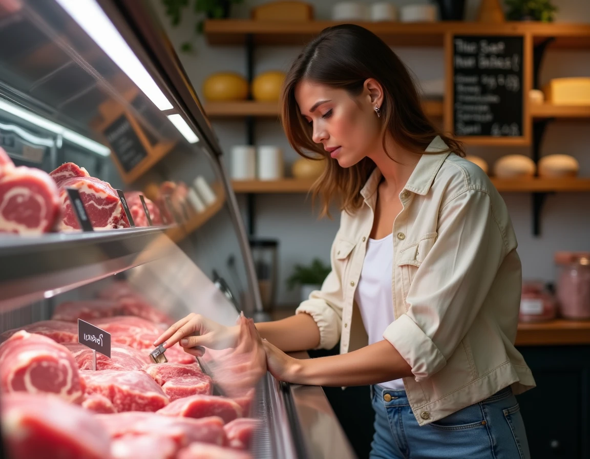 Cliente en train de comparer les prix des morceaux de viande dans une boucherie moderne de quartier
