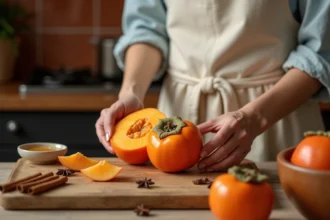 Femme tranchant un kaki mûr sur un plan de travail en bois avec des épices et du miel, cuisine rustique