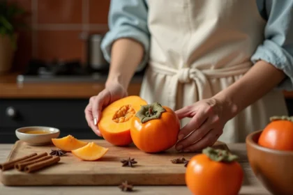 Femme tranchant un kaki mûr sur un plan de travail en bois avec des épices et du miel, cuisine rustique