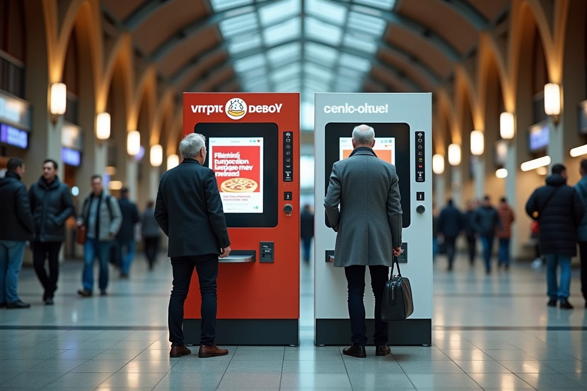 Comparaison de distributeurs automatiques de pizzas en gare, homme choisissant entre deux modèles concurrents