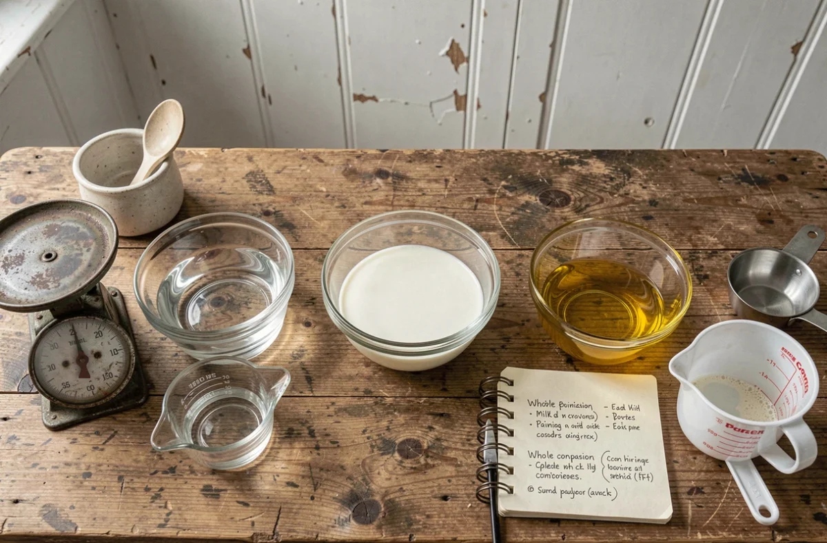 Vue de dessus comparant eau, lait et huile dans des bols en verre sur une balance de cuisine vintage pour illustrer les conversions de masse en volume