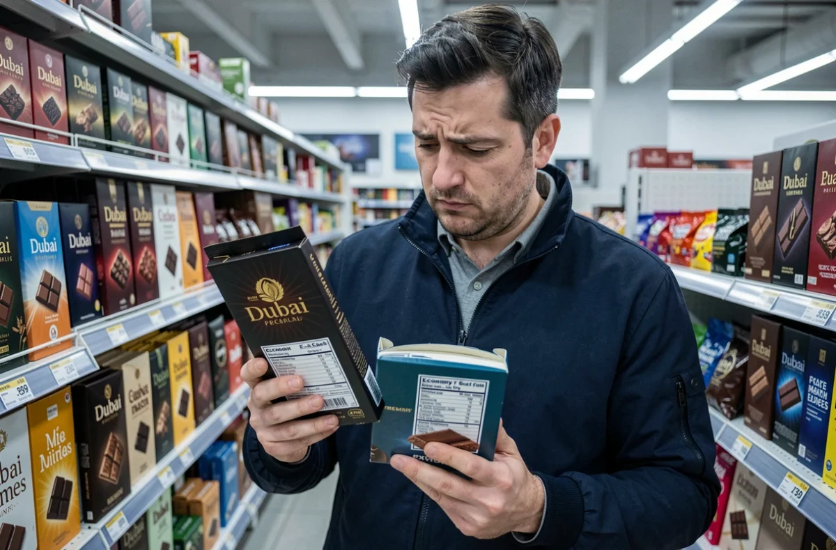 Un homme comparant deux packagings de chocolat Dubaï en supermarché en examinant les étiquettes et les prix