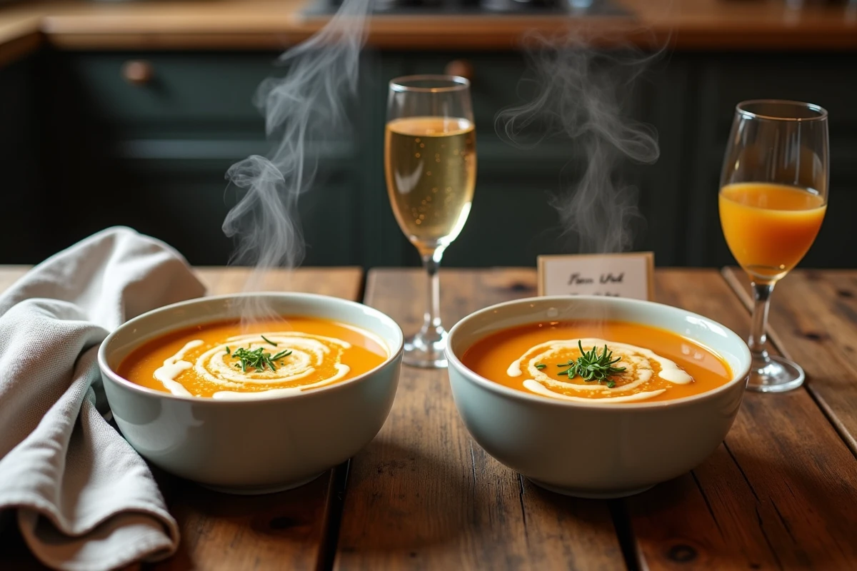 Comparaison de deux versions de soupe champagne côte à côte, une avec champagne et une alternative sans alcool, servies dans des bols identiques