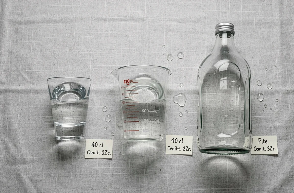 Vue de dessus de trois récipients gradués disposés sur lin gris montrant la différence de volume entre un verre, 40 centilitres et un litre pour expliquer les repères visuels de conversion