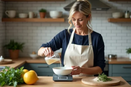 Femme versant 40cl de liquide dans une balance de cuisine numérique affichant des grammes pour une recette précise