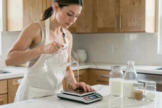 Femme versant de l'eau dans une balance de cuisine pour convertir des grammes en litres