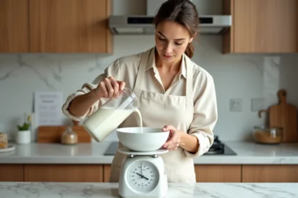 Femme versant du lait dans une balance de cuisine pour convertir 1 litre en kilogrammes lors de la préparation d'une recette