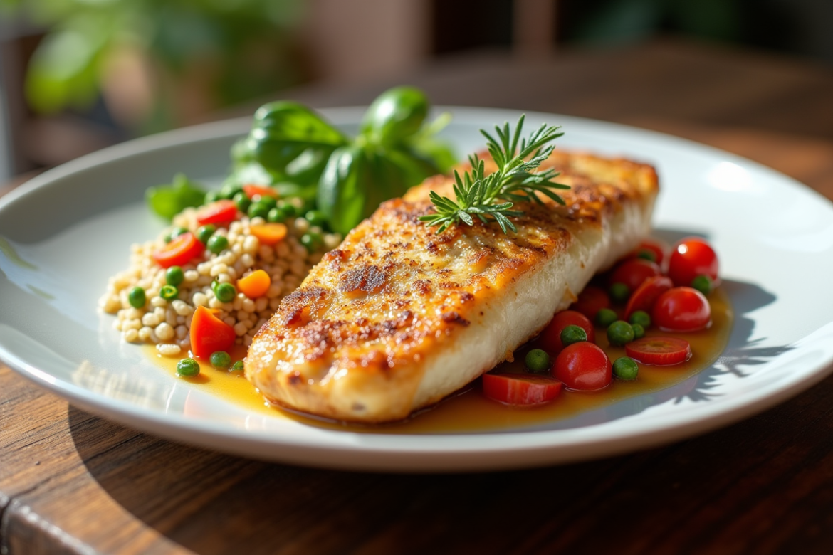 Cordon bleu servi avec légumes et quinoa sur une assiette moderne