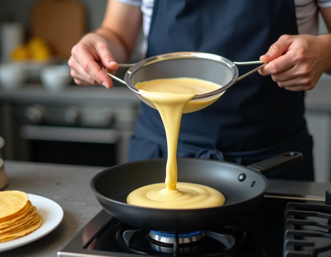 Homme versant une pâte à crêpe lisse à travers un tamis dans une poêle antiadhésive sur gazinière moderne