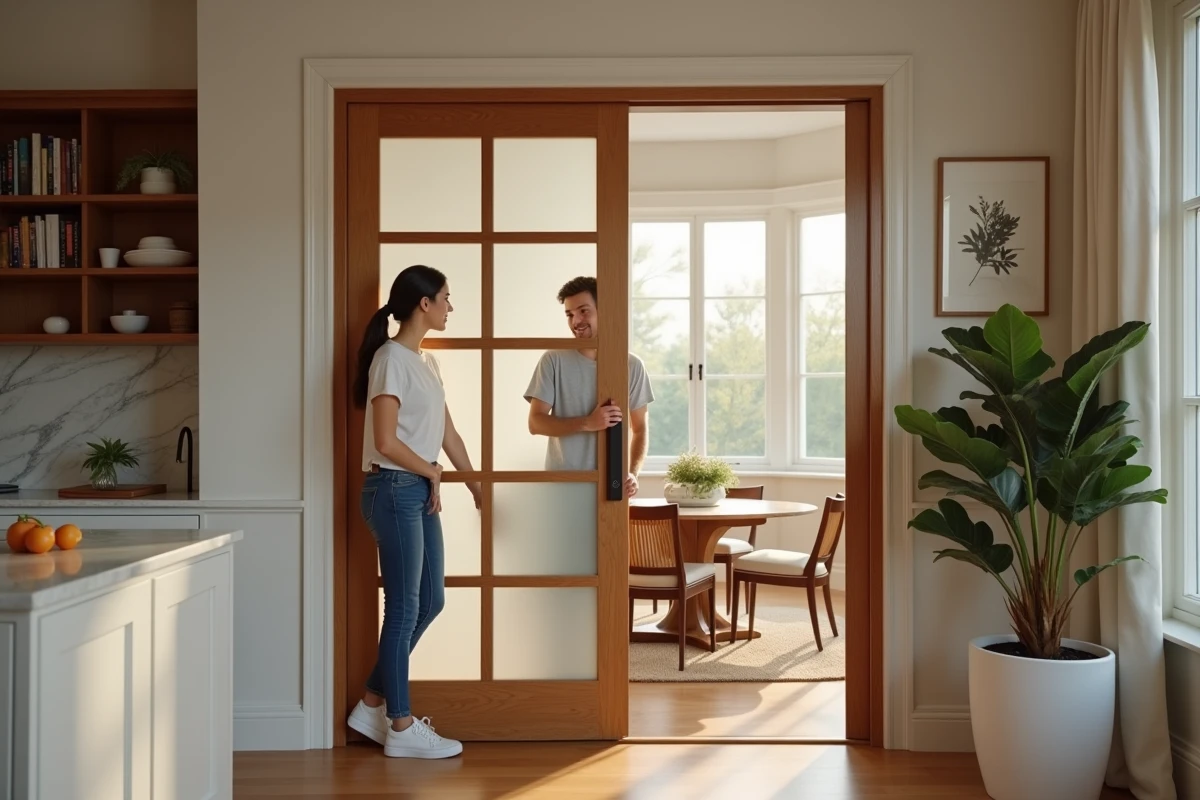 Jeune couple pose des portes en bois entre cuisine et salon