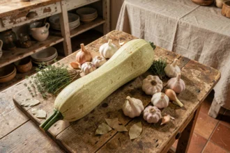 Courge longue de Nice entière posée sur une table en bois rustique avec des herbes aromatiques et légumes d'automne