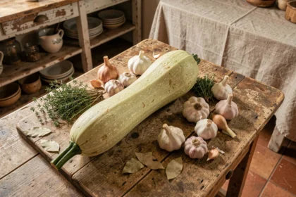 Courge longue de Nice entière posée sur une table en bois rustique avec des herbes aromatiques et légumes d'automne