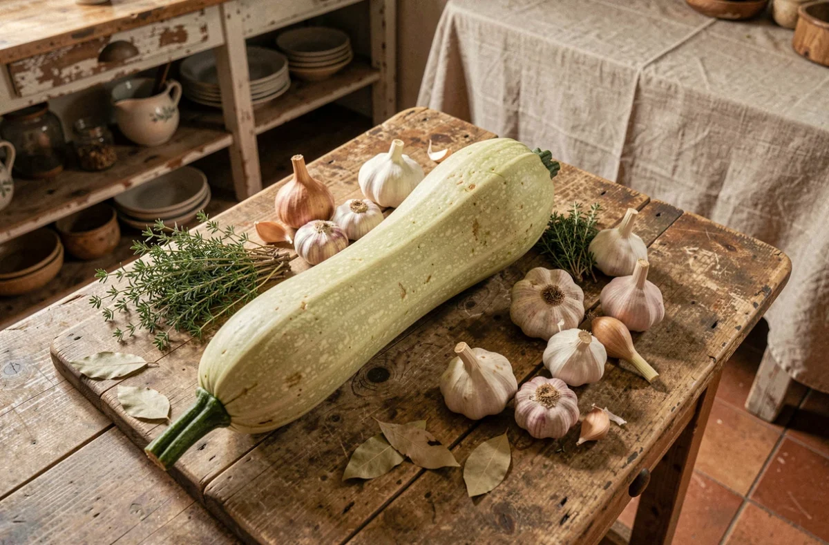Courge longue de Nice entière posée sur une table en bois rustique avec des herbes aromatiques et légumes d'automne