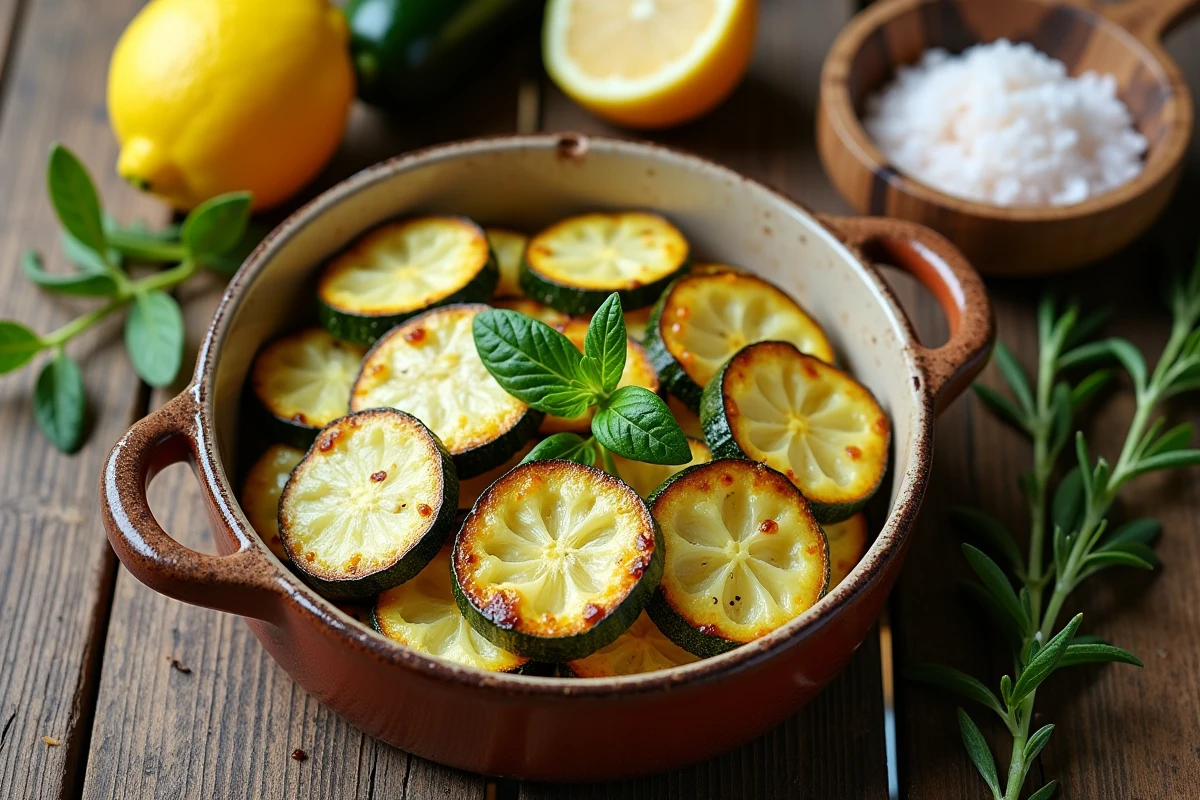 Plat de courgettes précuites dorées présentées avec herbes fraîches et citron sur une table en bois