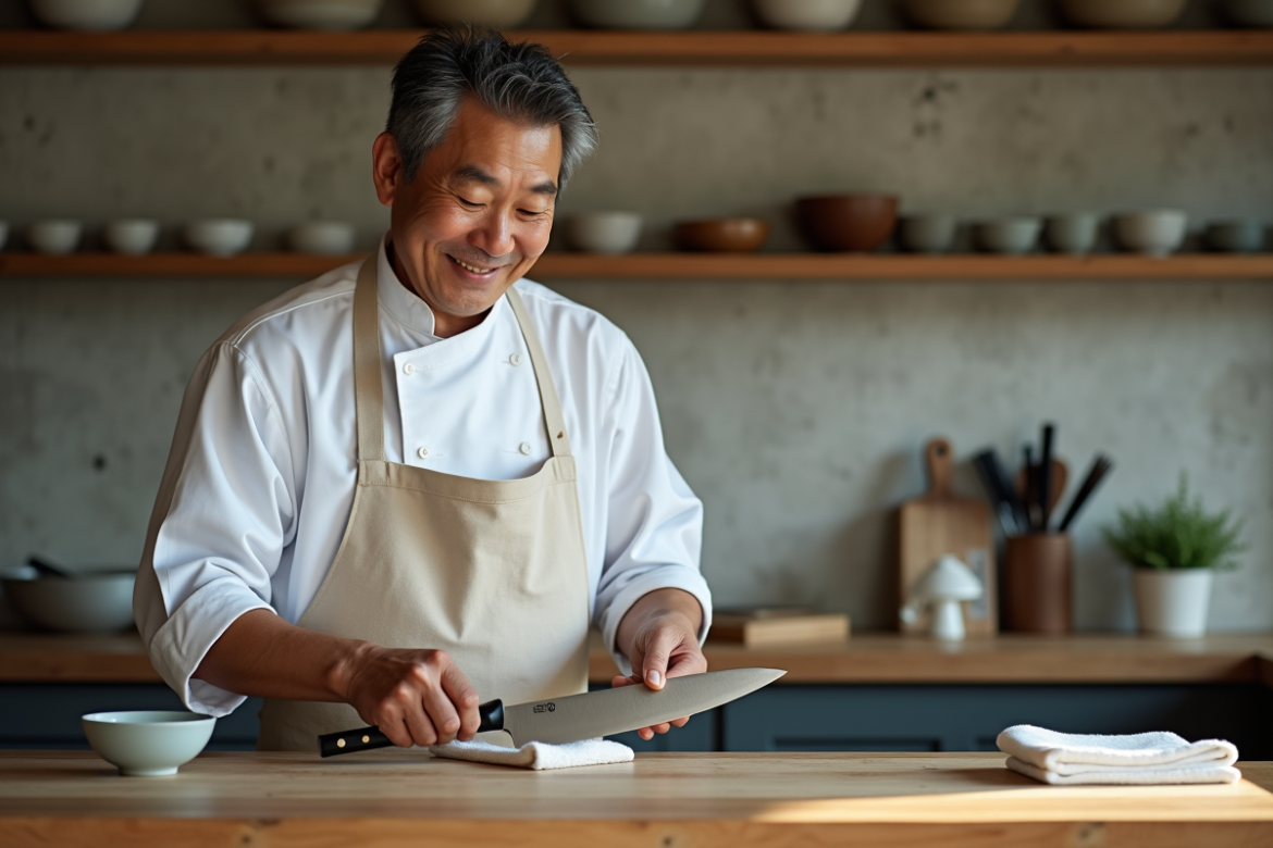 Homme japonais nettoyant un couteau de cuisine japonais