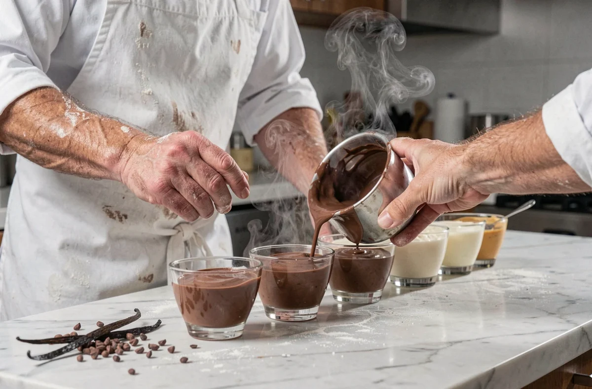 Chef pâtissier versant de la crème pâtissière au chocolat sans oeuf dans des verrines sur un plan de travail en marbre, vapeur légère et éclats de cacao visibles