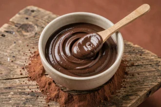 Bol en céramique rempli de crème pâtissière au chocolat sans oeuf, texture lisse et brillante, vue plongeante sur un plan de travail en chêne