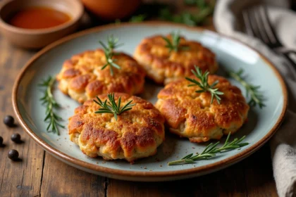 Crépinettes maison dorées et croustillantes garnies de thym frais sur une table en bois rustique dans une cuisine de ferme