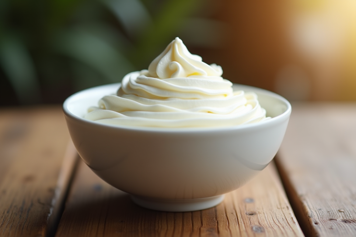 Crème fouettée aérienne dans un bol en bois rustique