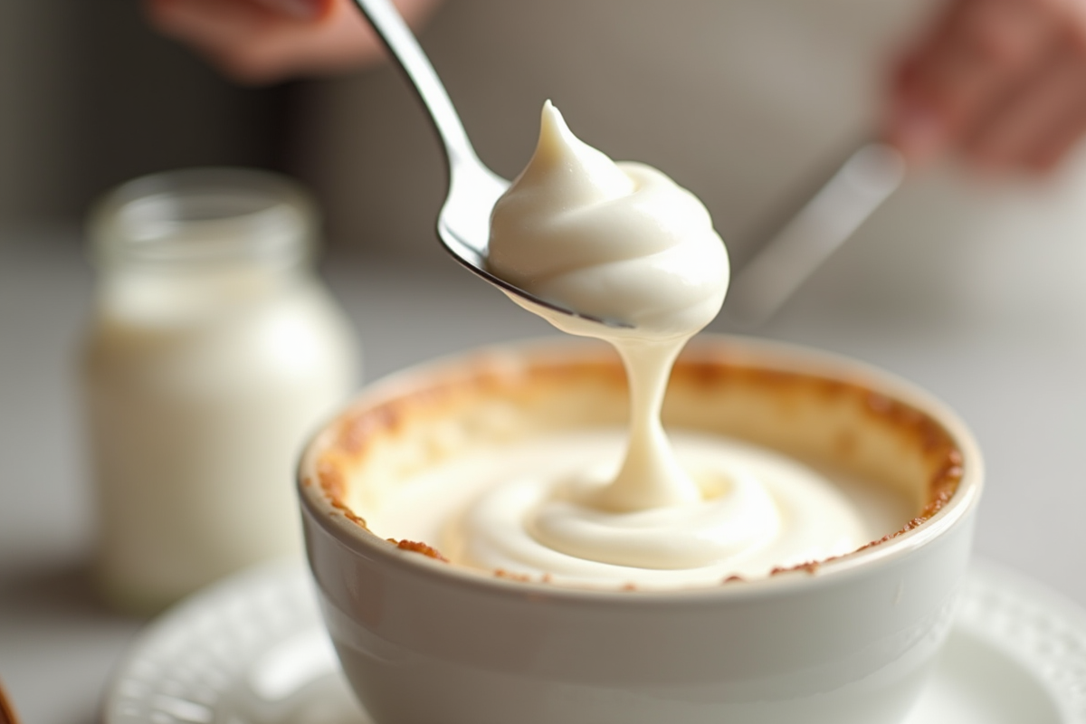 Cuillère soulevant la crème fouettée sur un dessert en cuisine lumineuse