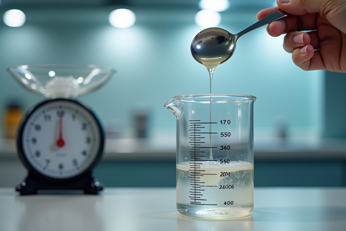 Cuillere verse liquide dans un verre mesure