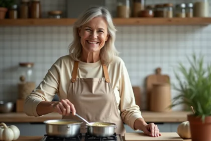 Femme souriante préparant une sauce aux cèpes dans la cuisine