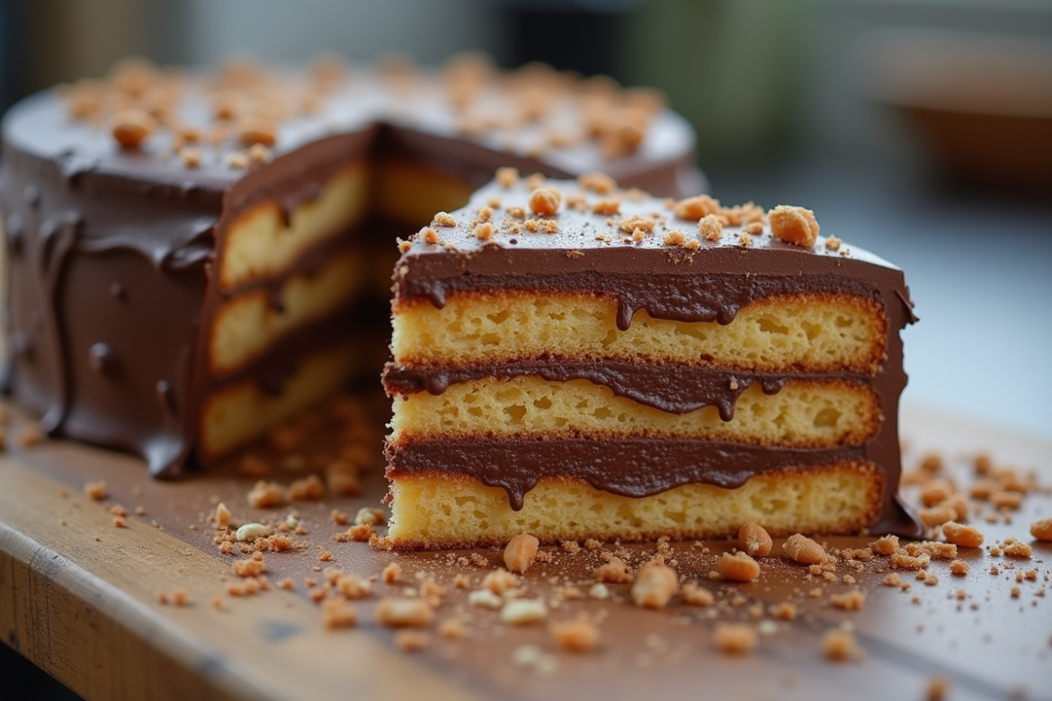 Cuisine désordonnée avec gâteau opera raté et ganache