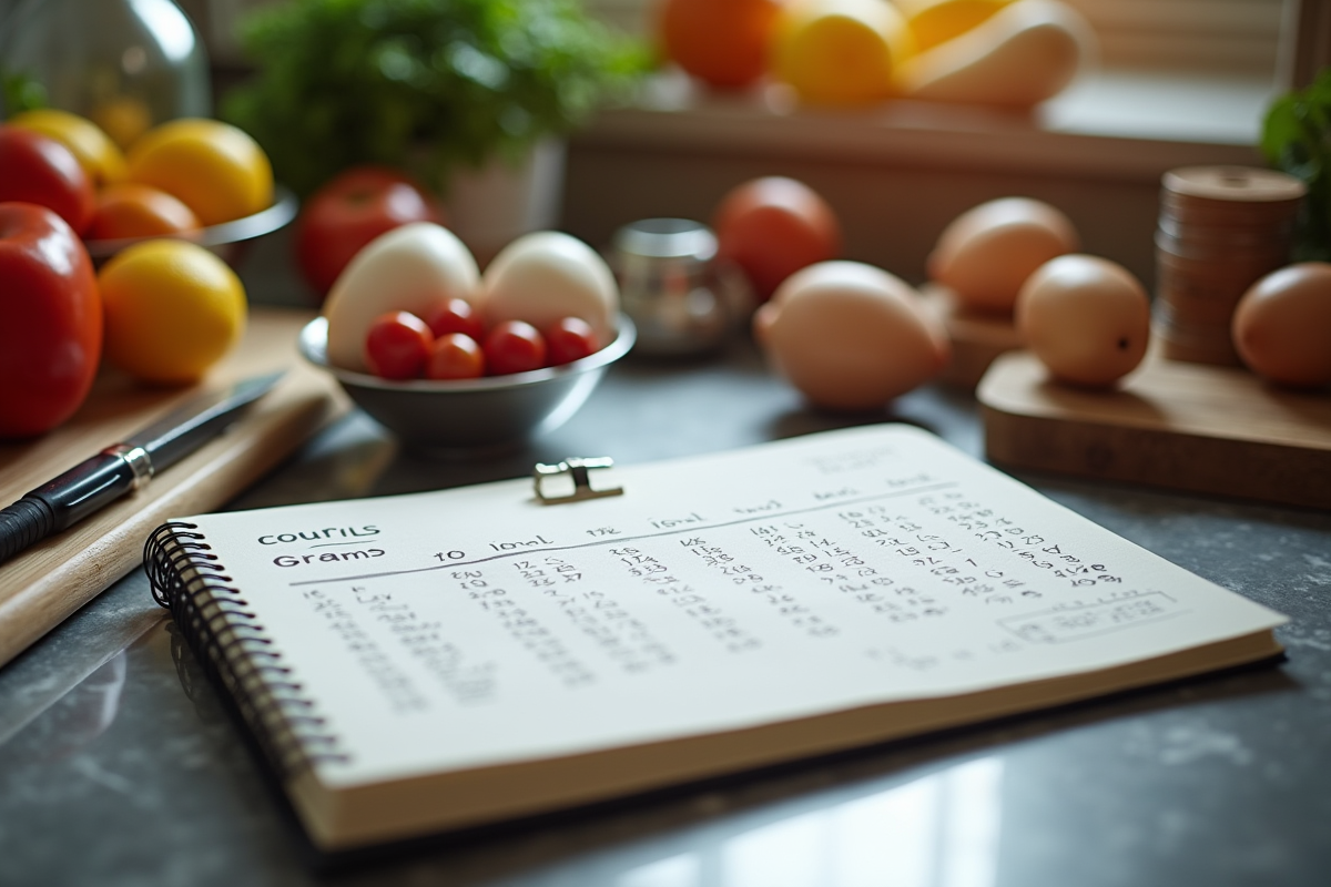 Plan de travail avec outils et calculs de conversion