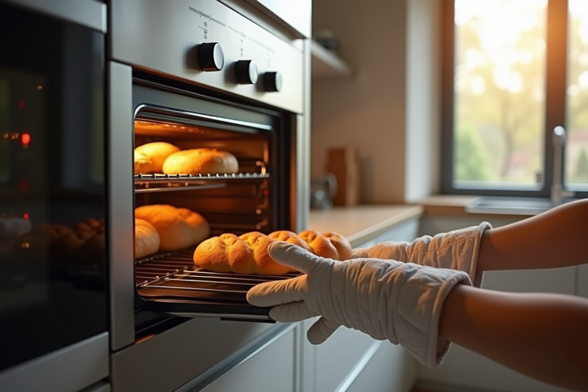 Cuisine moderne avec four vapeur et pain chaud