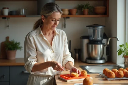 Femme en cuisine retirant des canelés du moule en silicone
