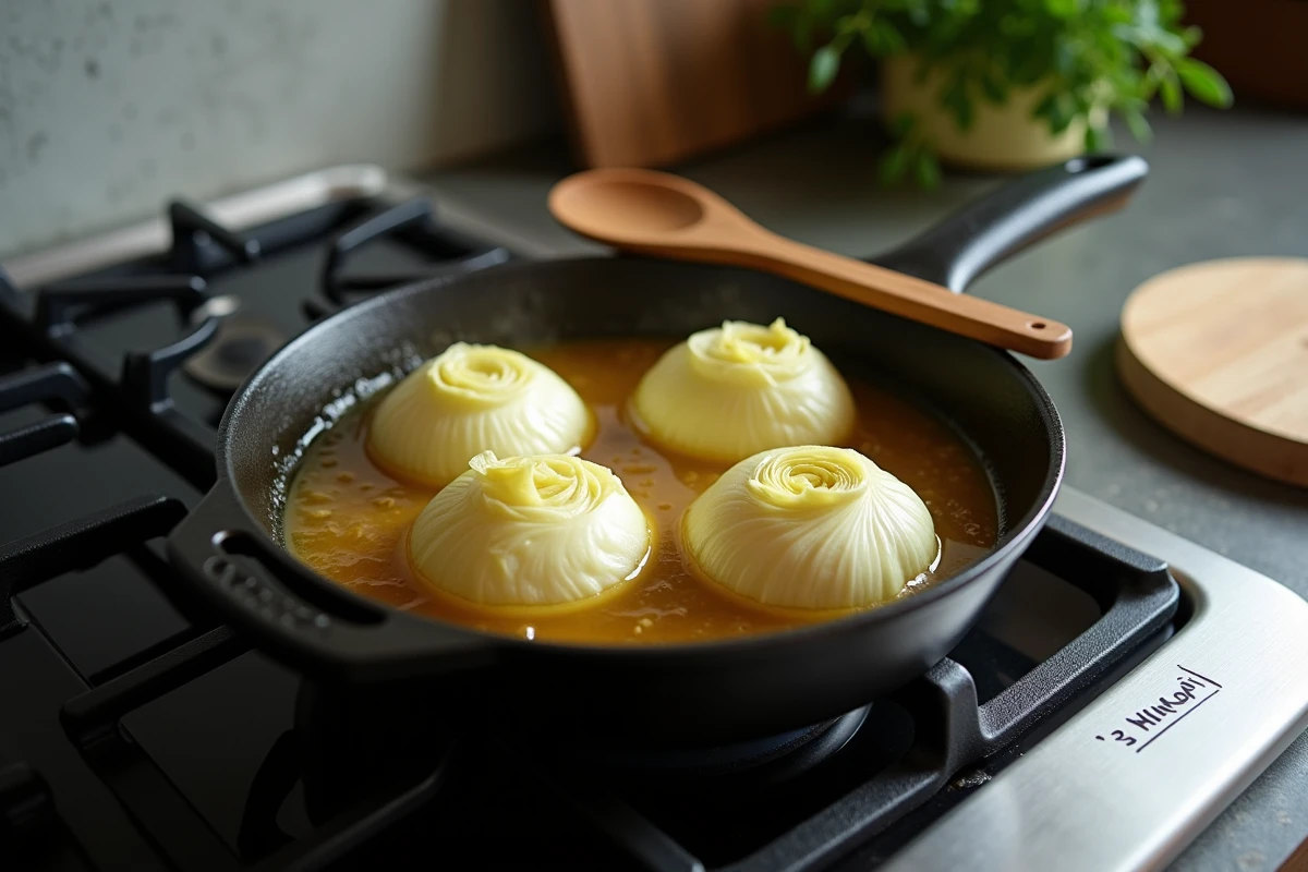 Endives de tailles variées en train de braiser dans une cocotte en fonte sur une cuisinière à gaz