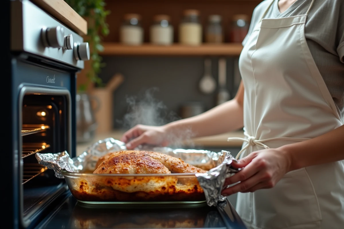 Femme soulevant le papier aluminium d'une escalope de poulet dorée en train de cuire dans un plat en verre au four