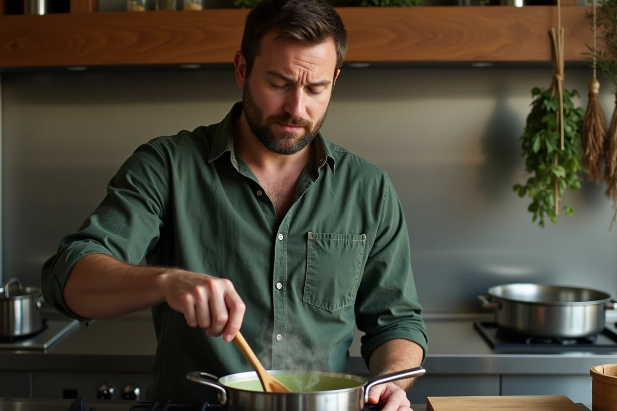 Homme faisant cuire un sirop de menthe artisanal dans une casserole sur une cuisinière moderne
