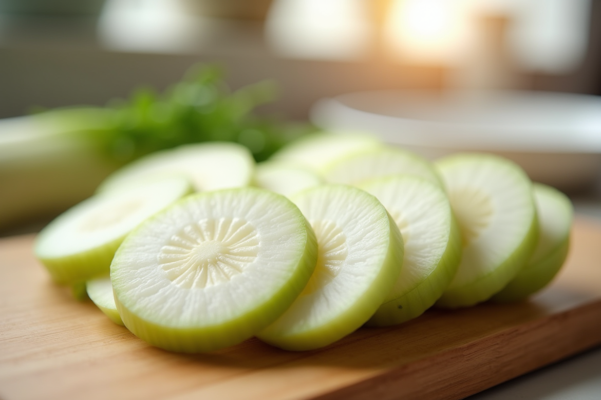 Tranches de daikon fraîches sur une planche en bois lumineuse