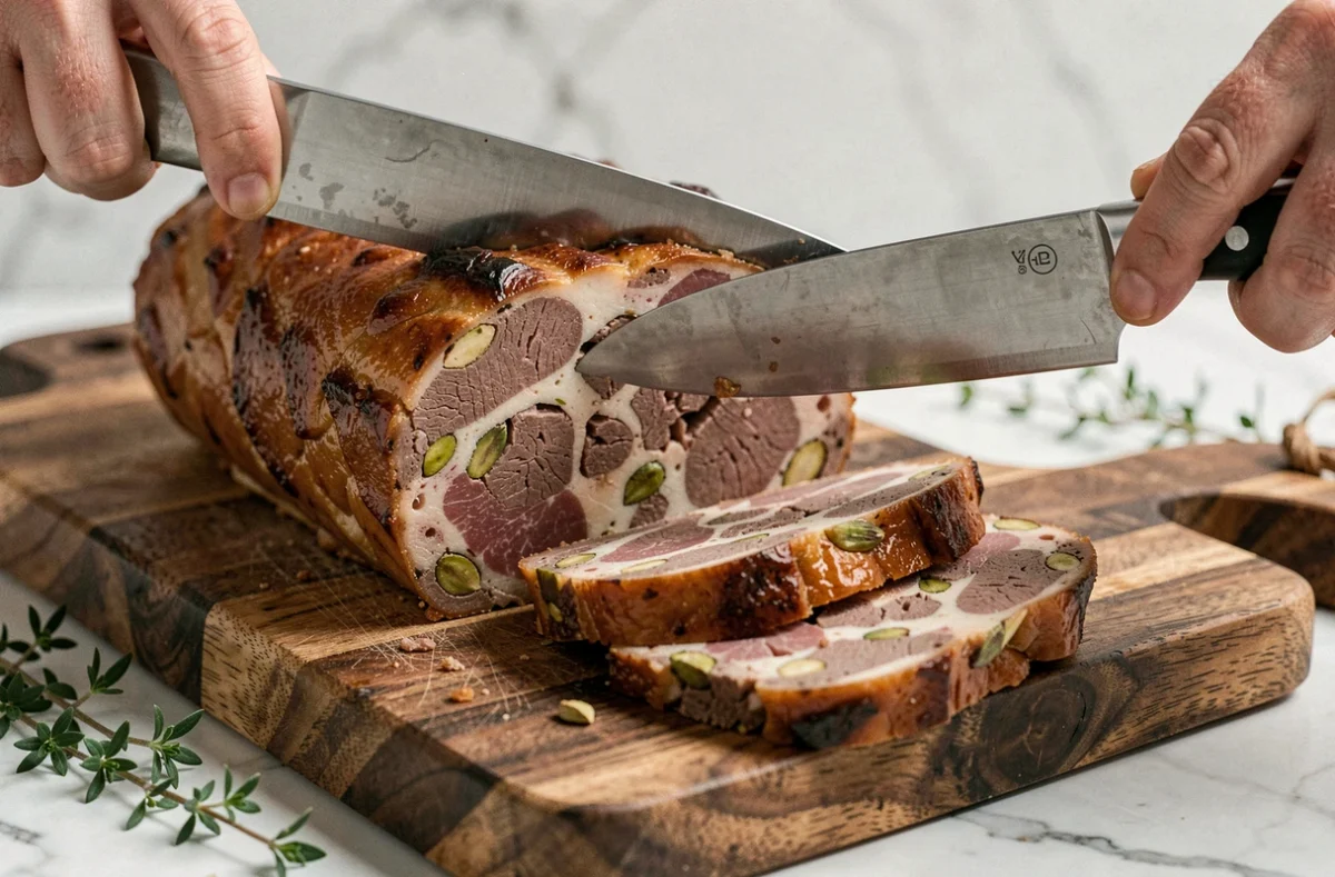 Tranche nette de terrine de gibier au couteau sur une planche en bois révélant une texture intérieure de sanglier et venaison aux pistaches
