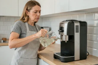 Femme versant du vinaigre blanc dans le réservoir d'une cafetière Tassimo Bosch pour la détartrer sans pastille