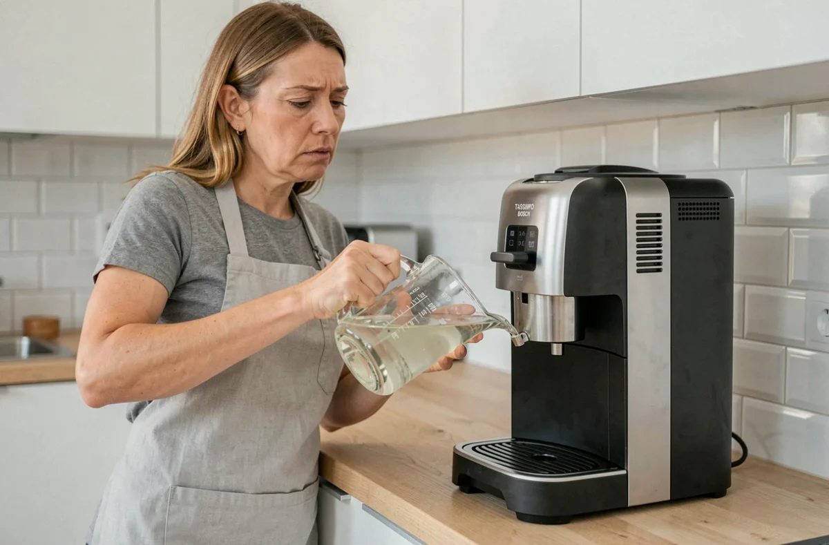Femme versant du vinaigre blanc dans le réservoir d'une cafetière Tassimo Bosch pour la détartrer sans pastille