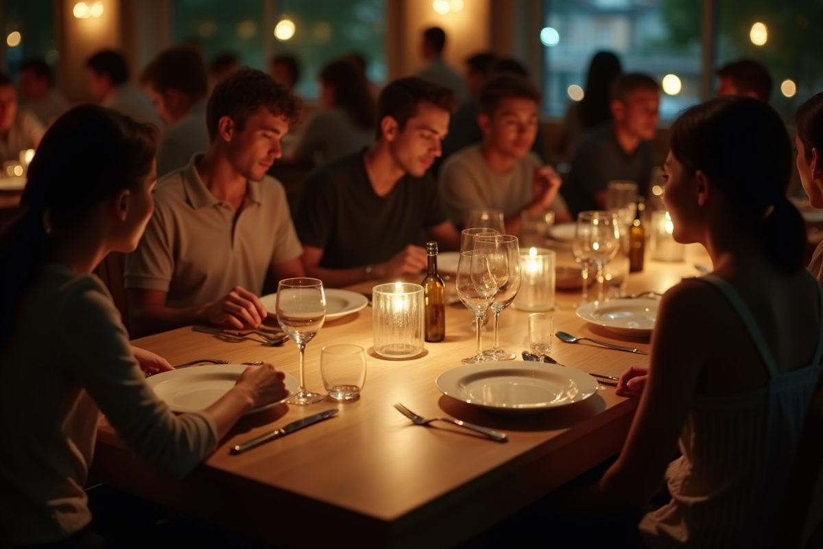 Table de dîner en soirée avec assiettes vides et ambiance chaleureuse